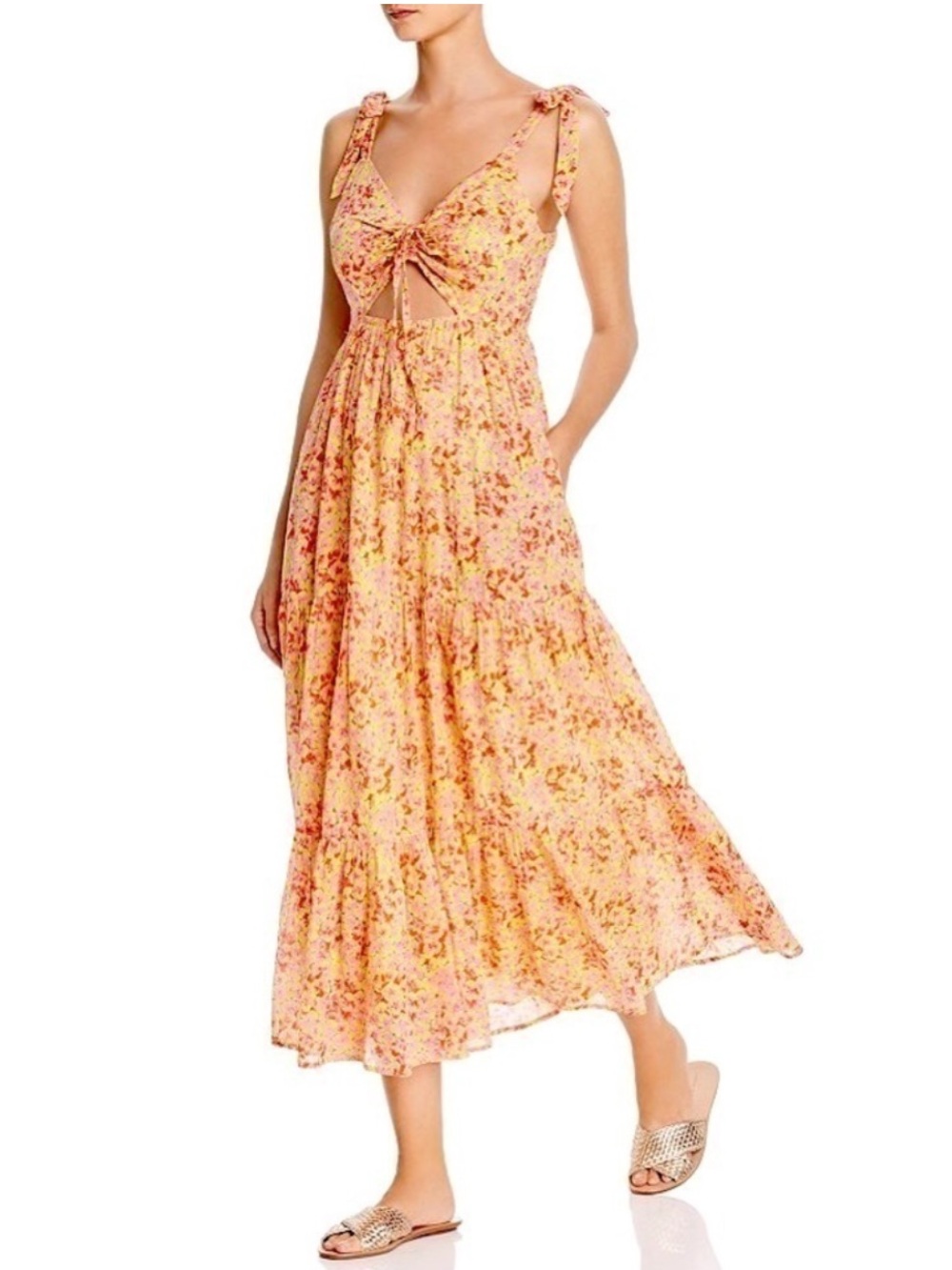 NWOT Banjanan Zoe Maxi Dress Clover Field Yellow Pockets Cutout Cotton Medium